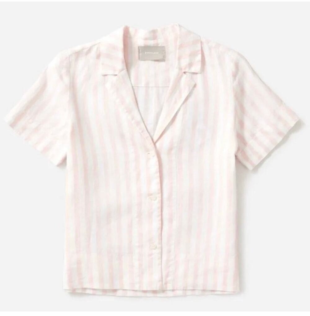 Everlane Linen Notch Shirt in Pink Stripe